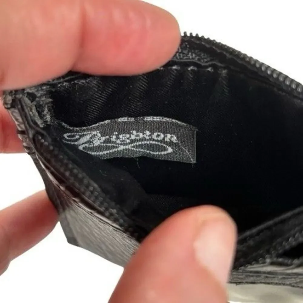 Brighton Leather Wallet Heart Coin Card ID Change Purse Black Croc Embossed Trim